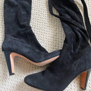 Black Suede Knee-High Boots with Tie Closure – Size 11